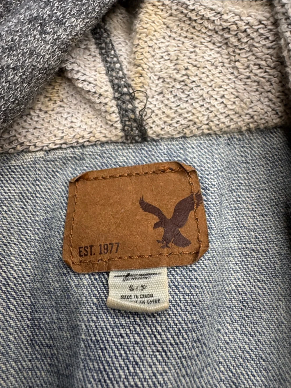 American Eagle Distressed Hooded Denim Jacket SMALL